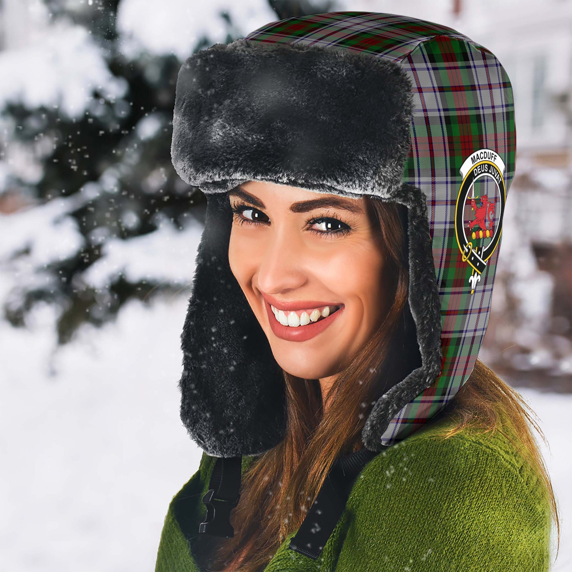 MacDuff Dress Tartan Winter Trapper Hat with Family Crest - Tartanvibesclothing