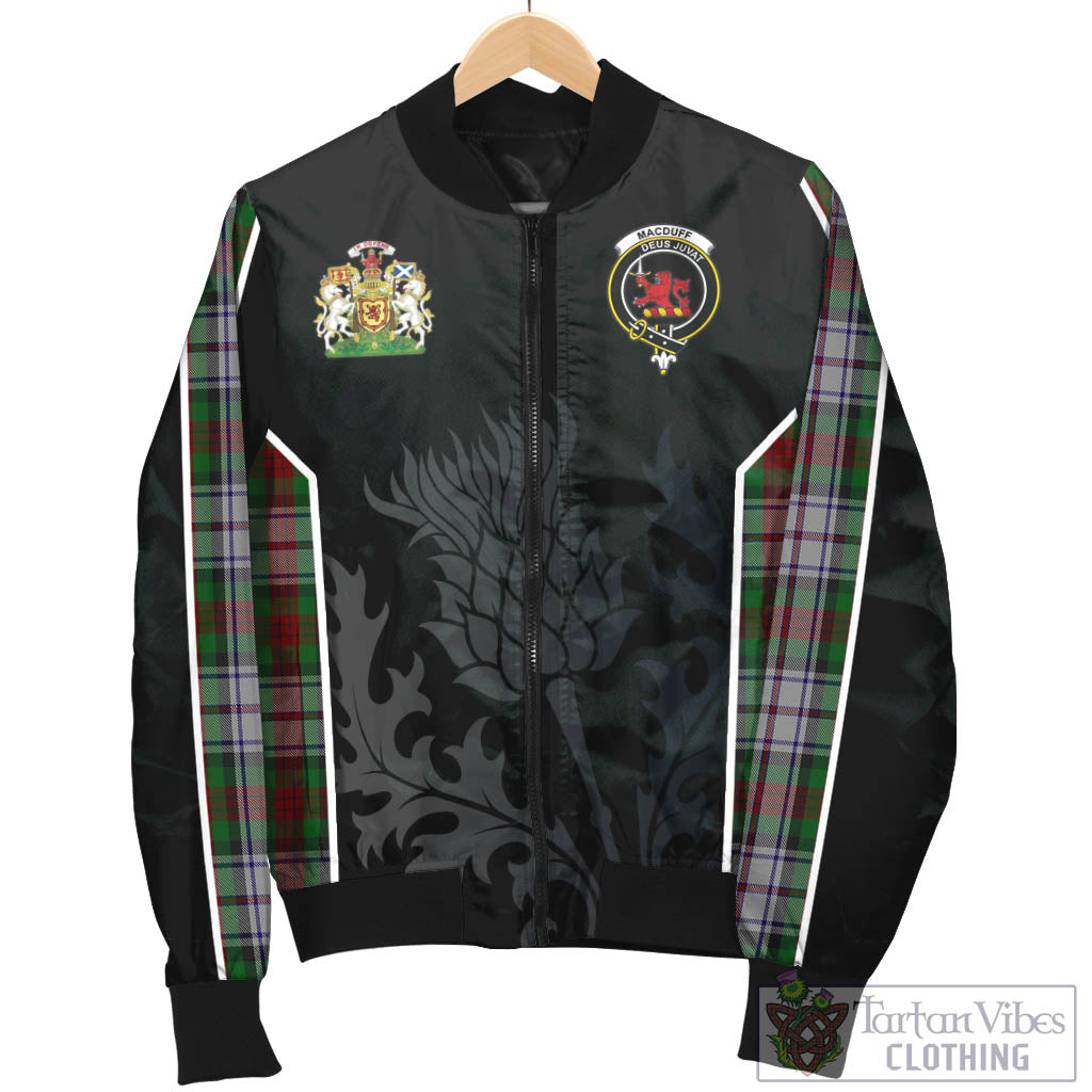 Tartan Vibes Clothing MacDuff Dress Tartan Bomber Jacket with Family Crest and Scottish Thistle Vibes Sport Style