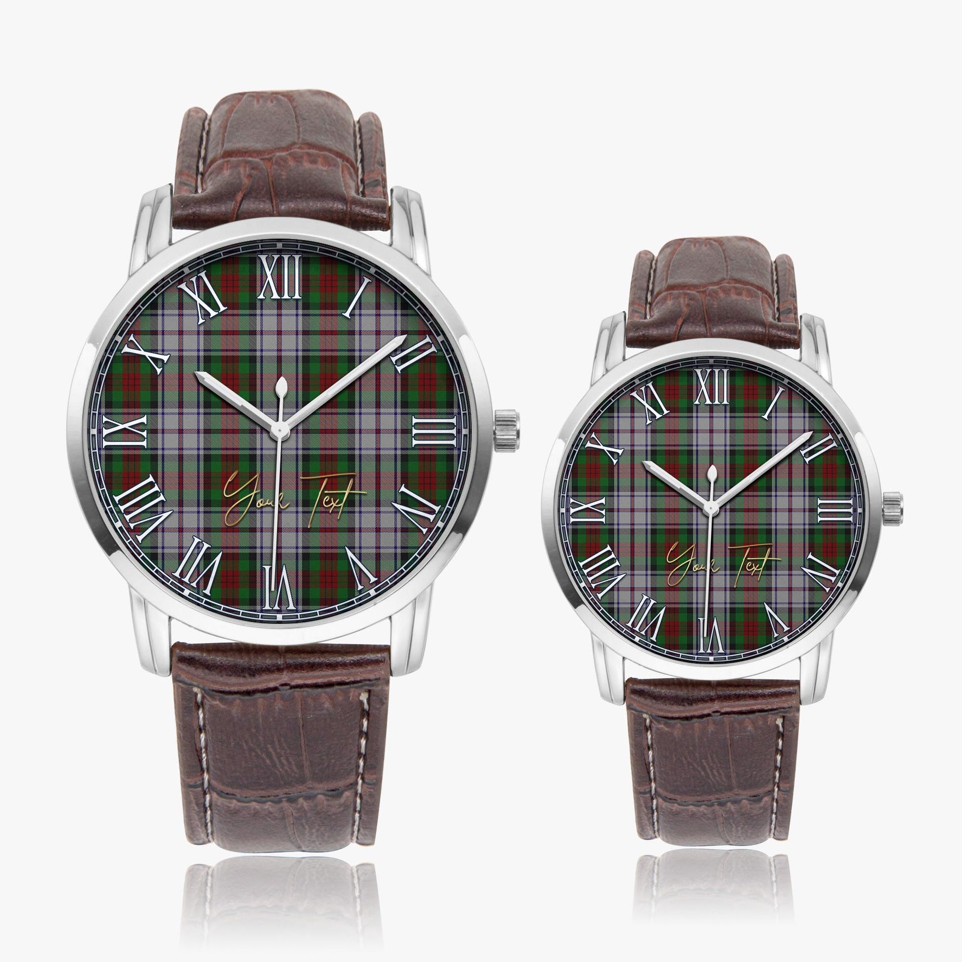 MacDuff Dress Tartan Personalized Your Text Leather Trap Quartz Watch Wide Type Silver Case With Brown Leather Strap - Tartanvibesclothing