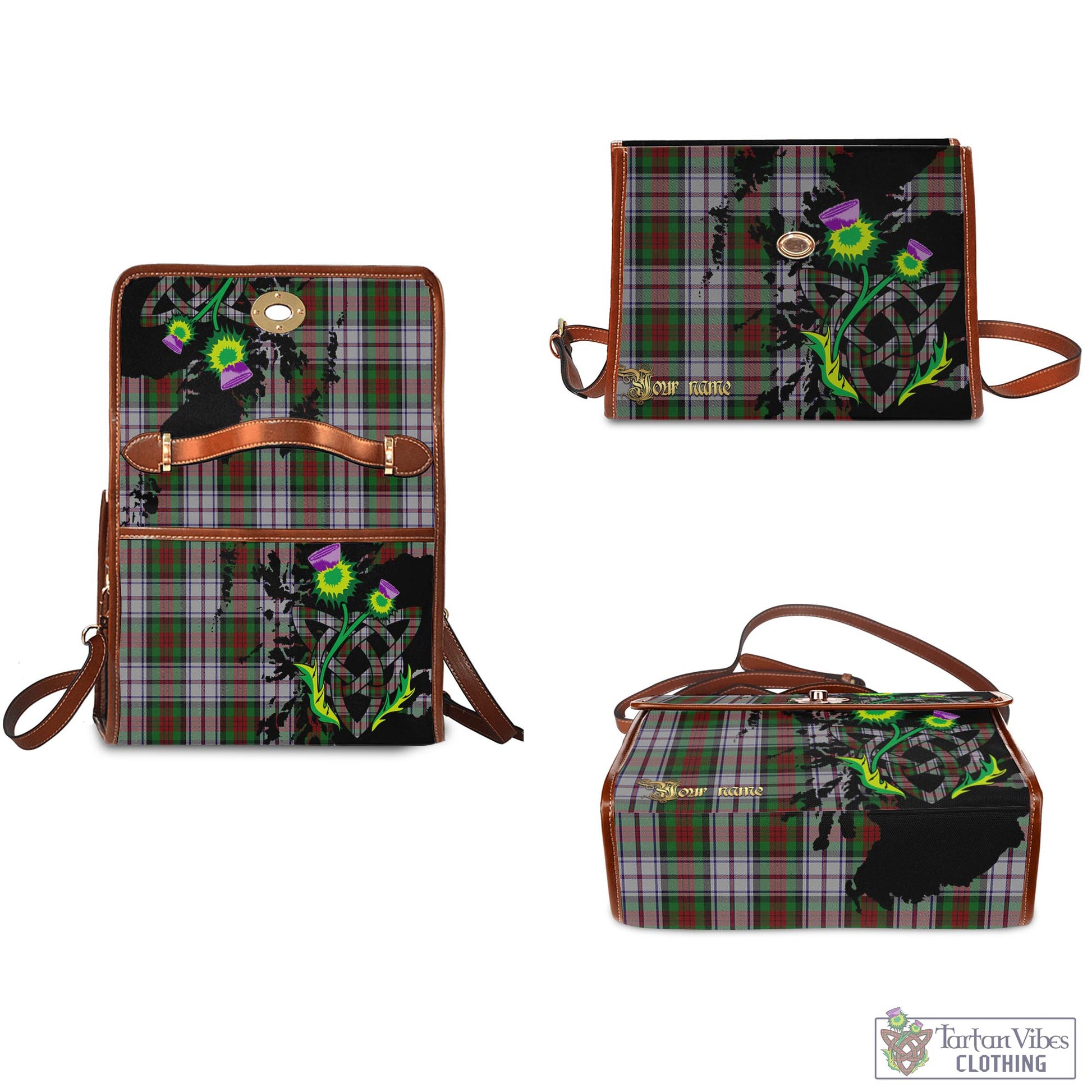 Tartan Vibes Clothing MacDuff Dress Tartan Waterproof Canvas Bag with Scotland Map and Thistle Celtic Accents