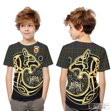 MacDuff Hunting Tartan Kid T-Shirt with Family Crest Celtic Wolf Style