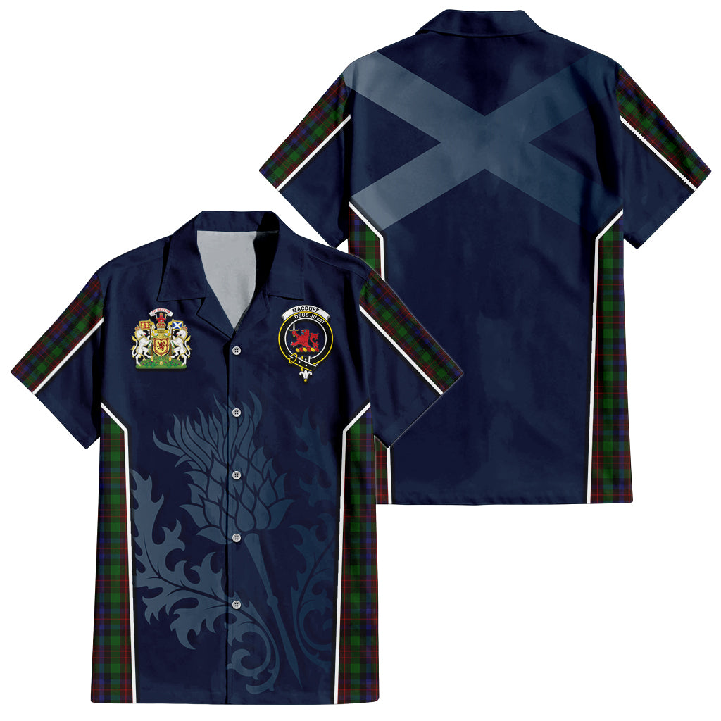 Tartan Vibes Clothing MacDuff Hunting Tartan Short Sleeve Button Up Shirt with Family Crest and Scottish Thistle Vibes Sport Style