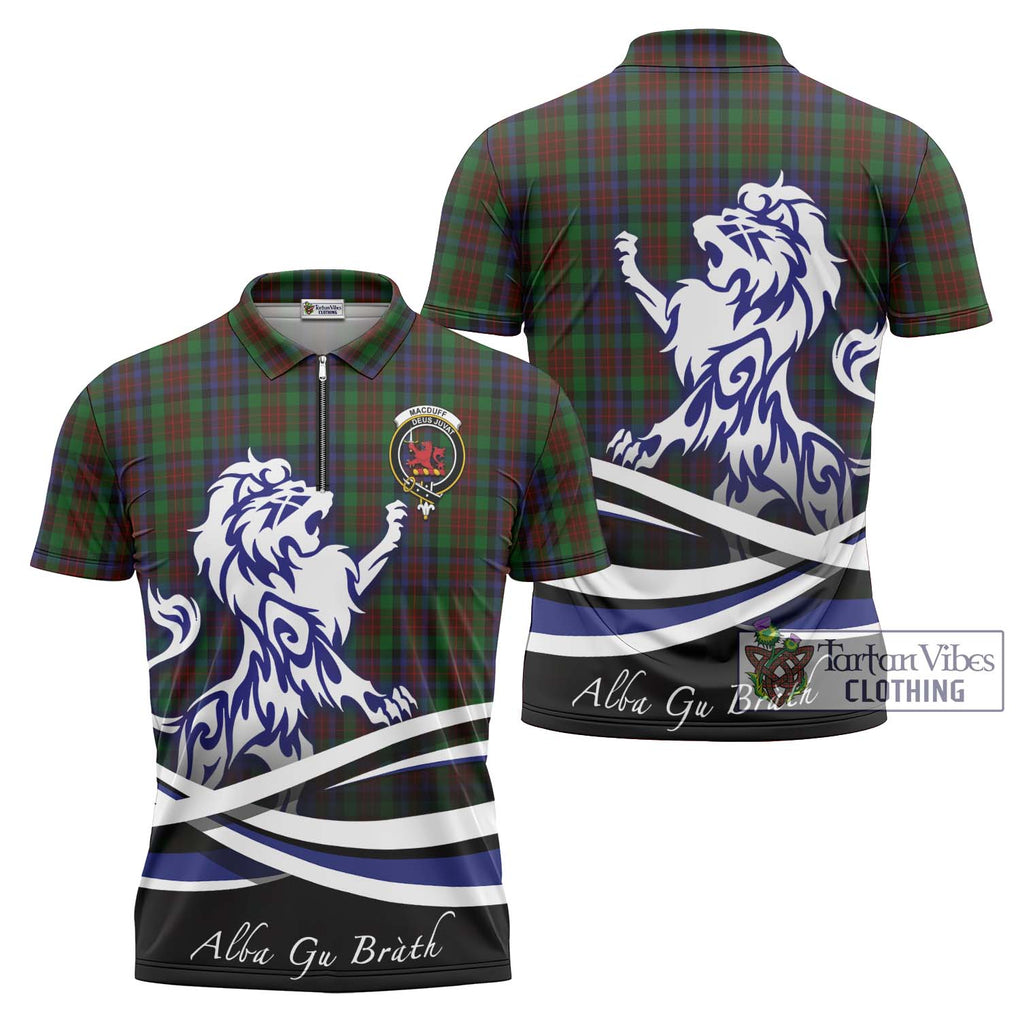 MacDuff Hunting Tartan Zipper Polo Shirt with Alba Gu Brath Regal Lion Emblem Unisex - Tartanvibesclothing Shop