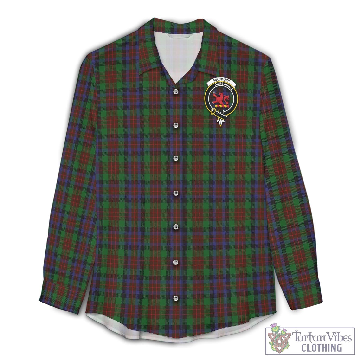 Tartan Vibes Clothing MacDuff Hunting Tartan Womens Casual Shirt with Family Crest