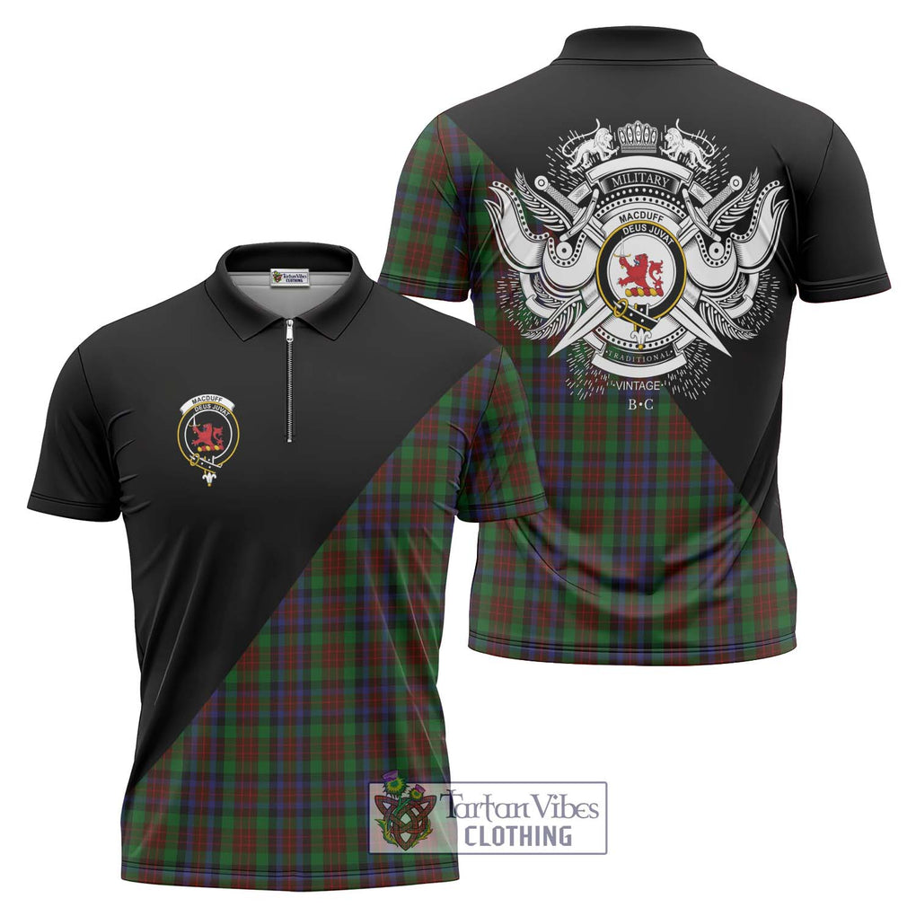 MacDuff Hunting Tartan Zipper Polo Shirt with Family Crest and Military Logo Style Unisex - Tartanvibesclothing Shop