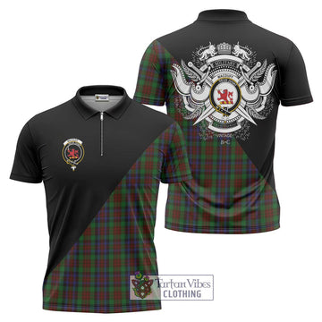 MacDuff Hunting Tartan Zipper Polo Shirt with Family Crest and Military Logo Style