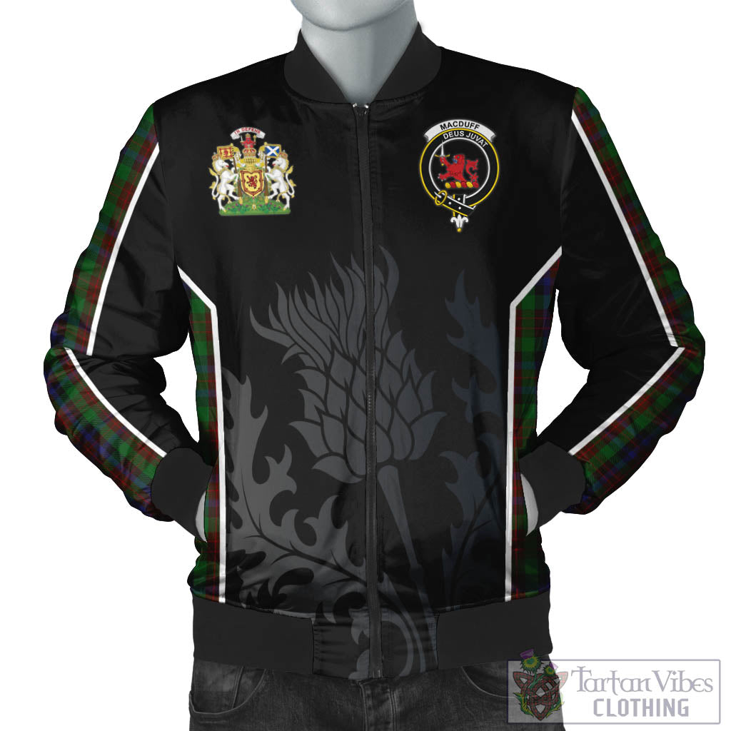 Tartan Vibes Clothing MacDuff Hunting Tartan Bomber Jacket with Family Crest and Scottish Thistle Vibes Sport Style