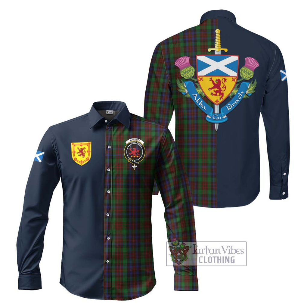 Tartan Vibes Clothing MacDuff Hunting Tartan Long Sleeve Button Shirt with Scottish Lion Royal Arm Half Style