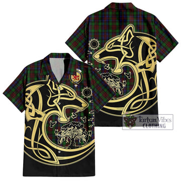 MacDuff Hunting Tartan Short Sleeve Button Shirt with Family Crest Celtic Wolf Style