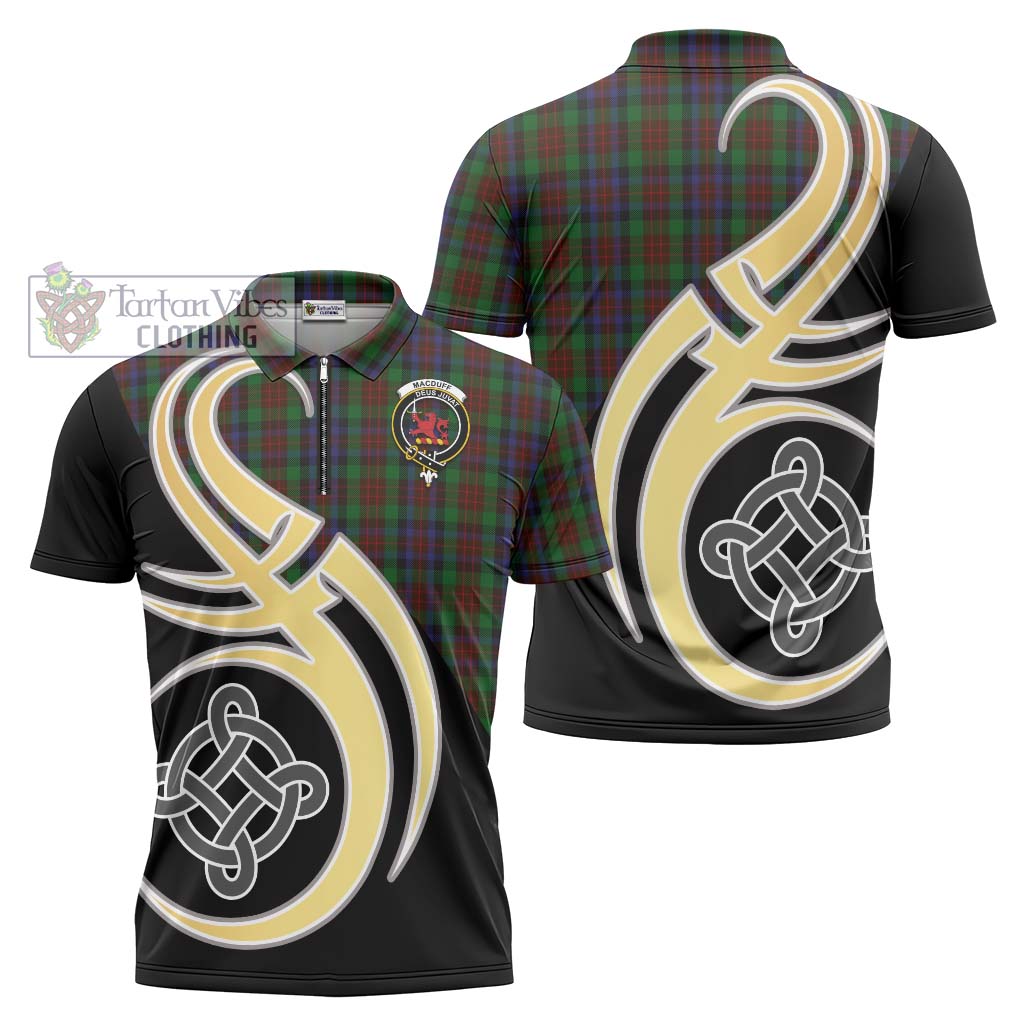 Tartan Vibes Clothing MacDuff Hunting Tartan Zipper Polo Shirt with Family Crest and Celtic Symbol Style