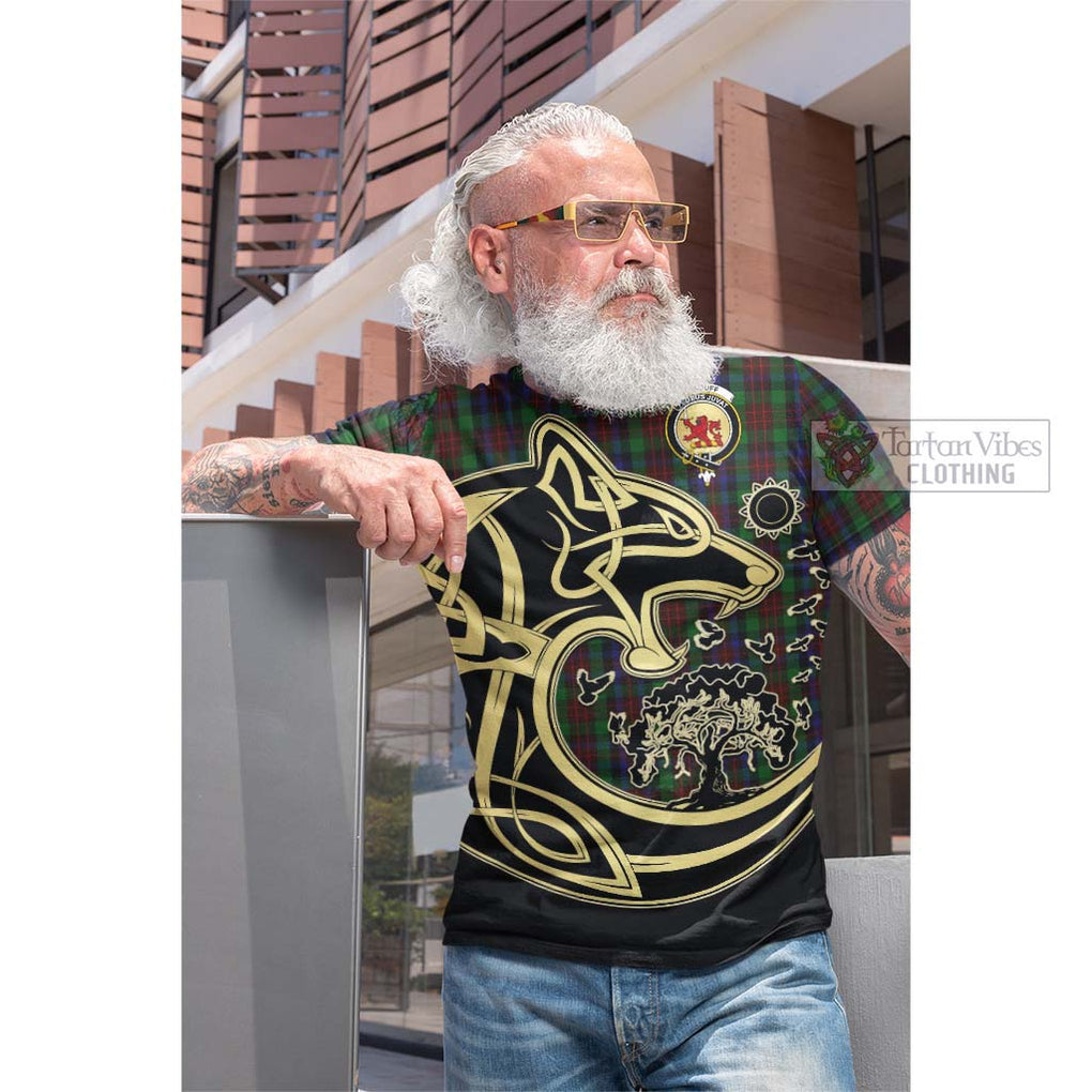 Tartan Vibes Clothing MacDuff Hunting Tartan Cotton T-shirt with Family Crest Celtic Wolf Style