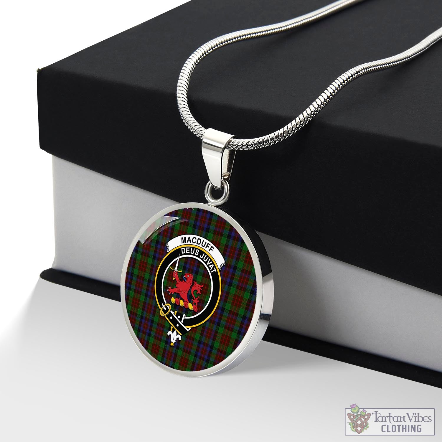 Tartan Vibes Clothing MacDuff Hunting Tartan Circle Necklace with Family Crest