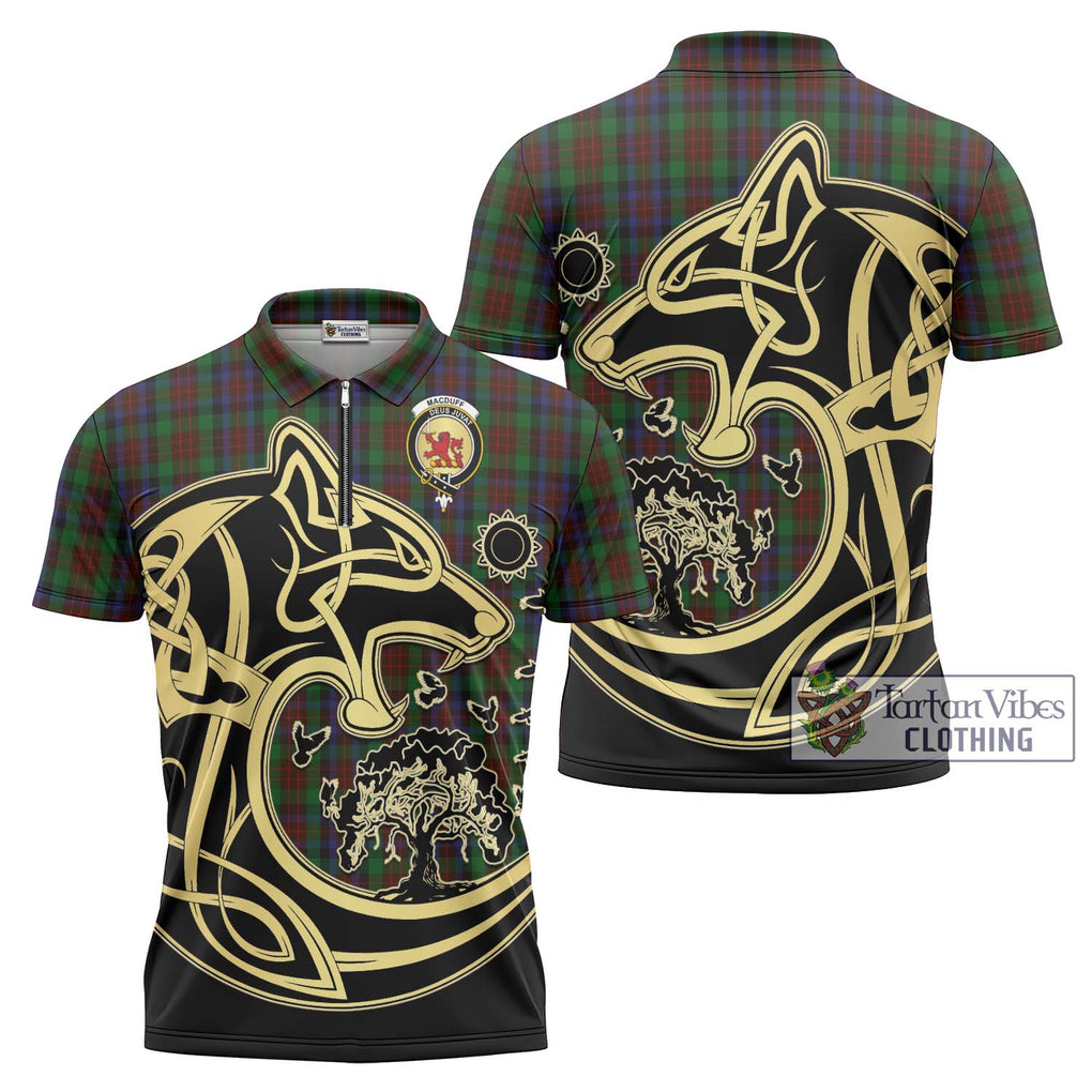 MacDuff Hunting Tartan Zipper Polo Shirt with Family Crest Celtic Wolf Style Unisex - Tartanvibesclothing Shop