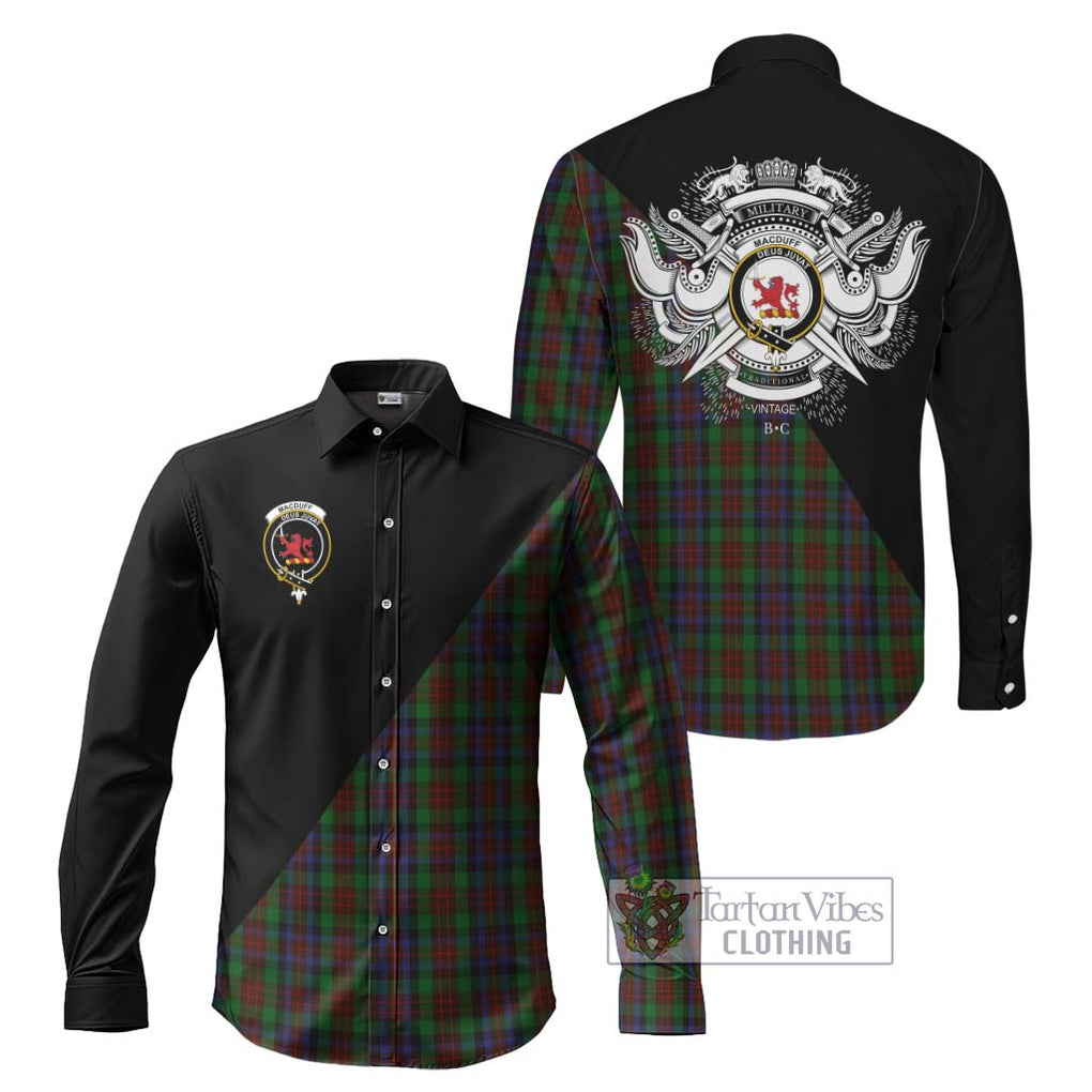 MacDuff Hunting Tartan Long Sleeve Button Shirt with Family Crest and Military Logo Style Men's Shirt S - Tartanvibesclothing Shop