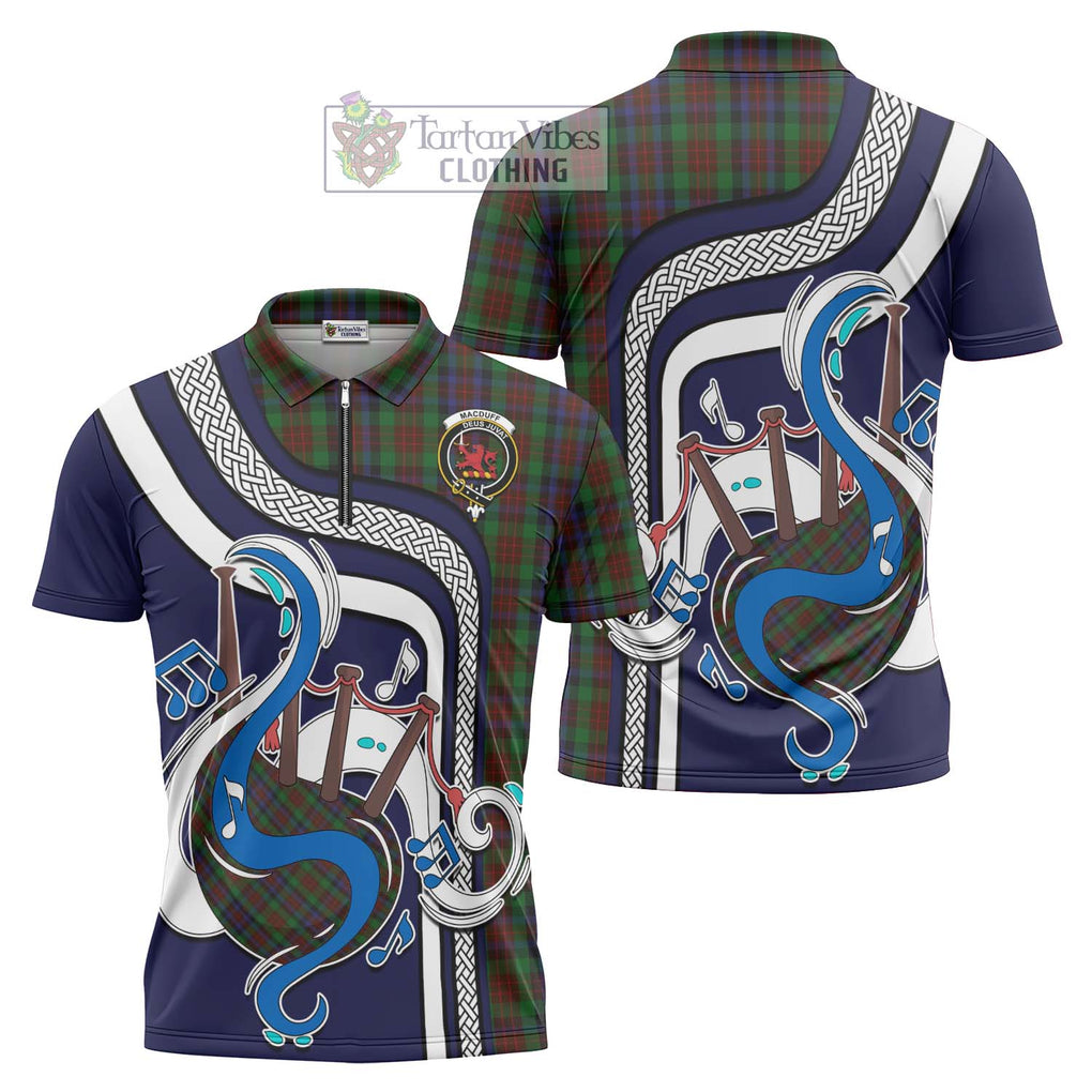 MacDuff Hunting Tartan Zipper Polo Shirt with Epic Bagpipe Style Unisex - Tartanvibesclothing Shop