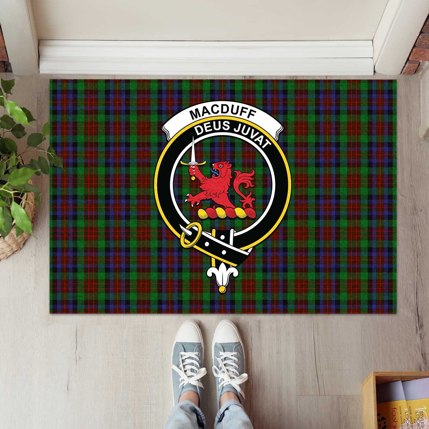 MacDuff Hunting Tartan Door Mat with Family Crest - Tartanvibesclothing