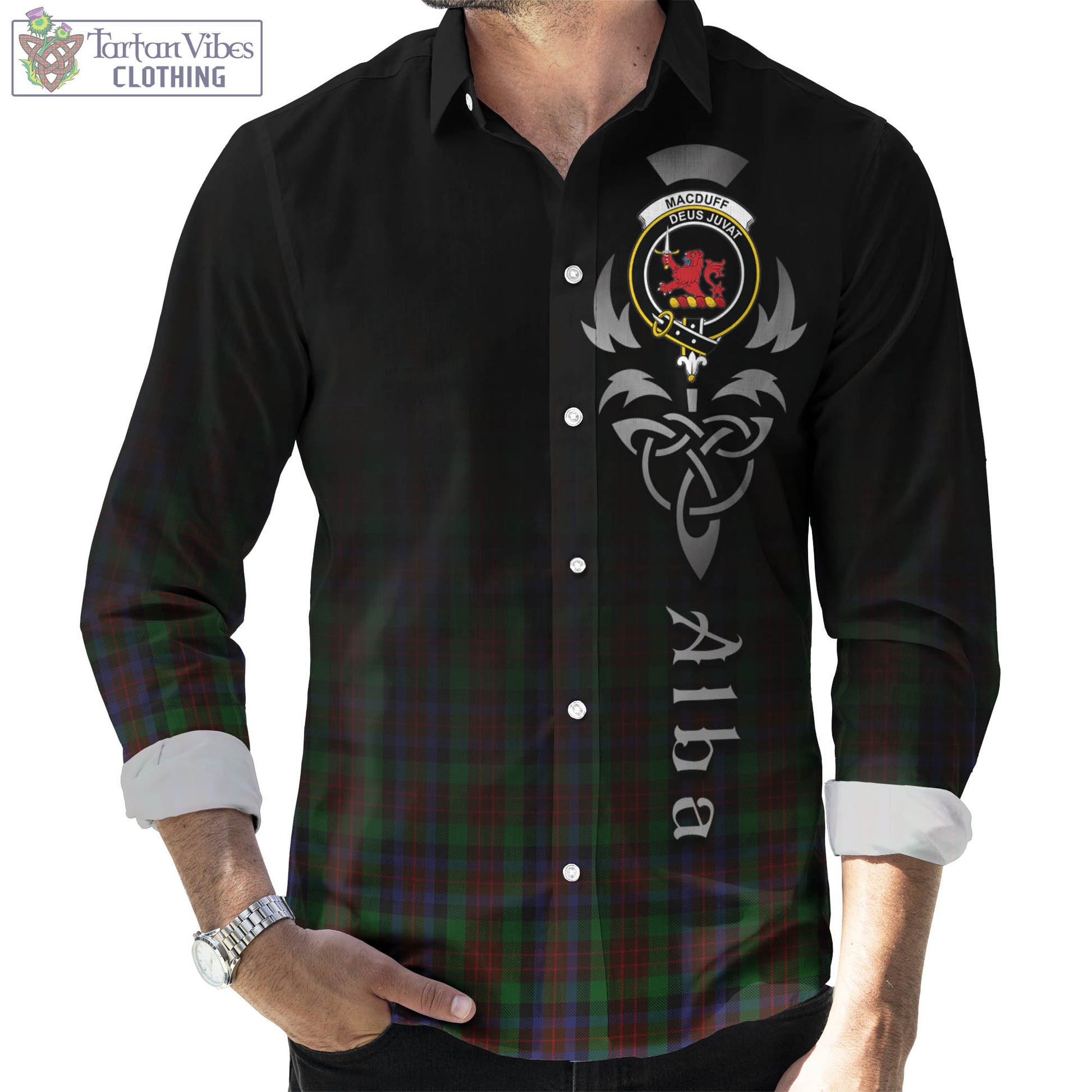 Tartan Vibes Clothing MacDuff Hunting Tartan Long Sleeve Button Up Featuring Alba Gu Brath Family Crest Celtic Inspired