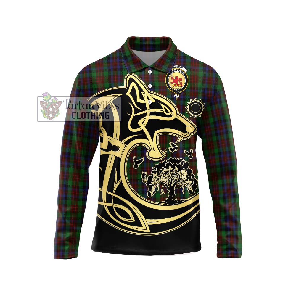 MacDuff Hunting Tartan Long Sleeve Polo Shirt with Family Crest Celtic Wolf Style Unisex - Tartanvibesclothing Shop