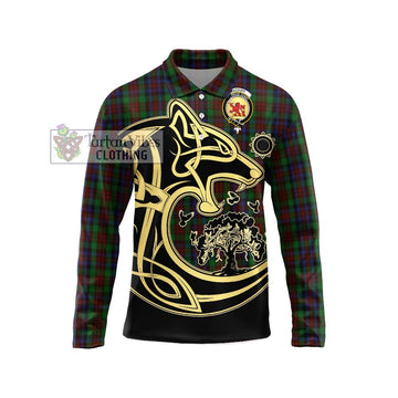 MacDuff Hunting Tartan Long Sleeve Polo Shirt with Family Crest Celtic Wolf Style