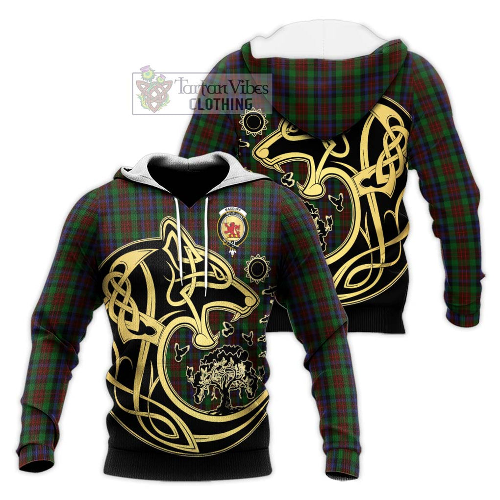 MacDuff Hunting Tartan Knitted Hoodie with Family Crest Celtic Wolf Style Unisex Knitted Pullover Hoodie - Tartan Vibes Clothing