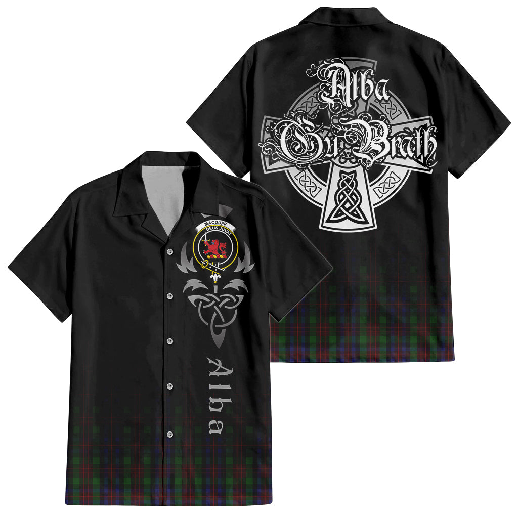 Tartan Vibes Clothing MacDuff Hunting Tartan Short Sleeve Button Up Featuring Alba Gu Brath Family Crest Celtic Inspired