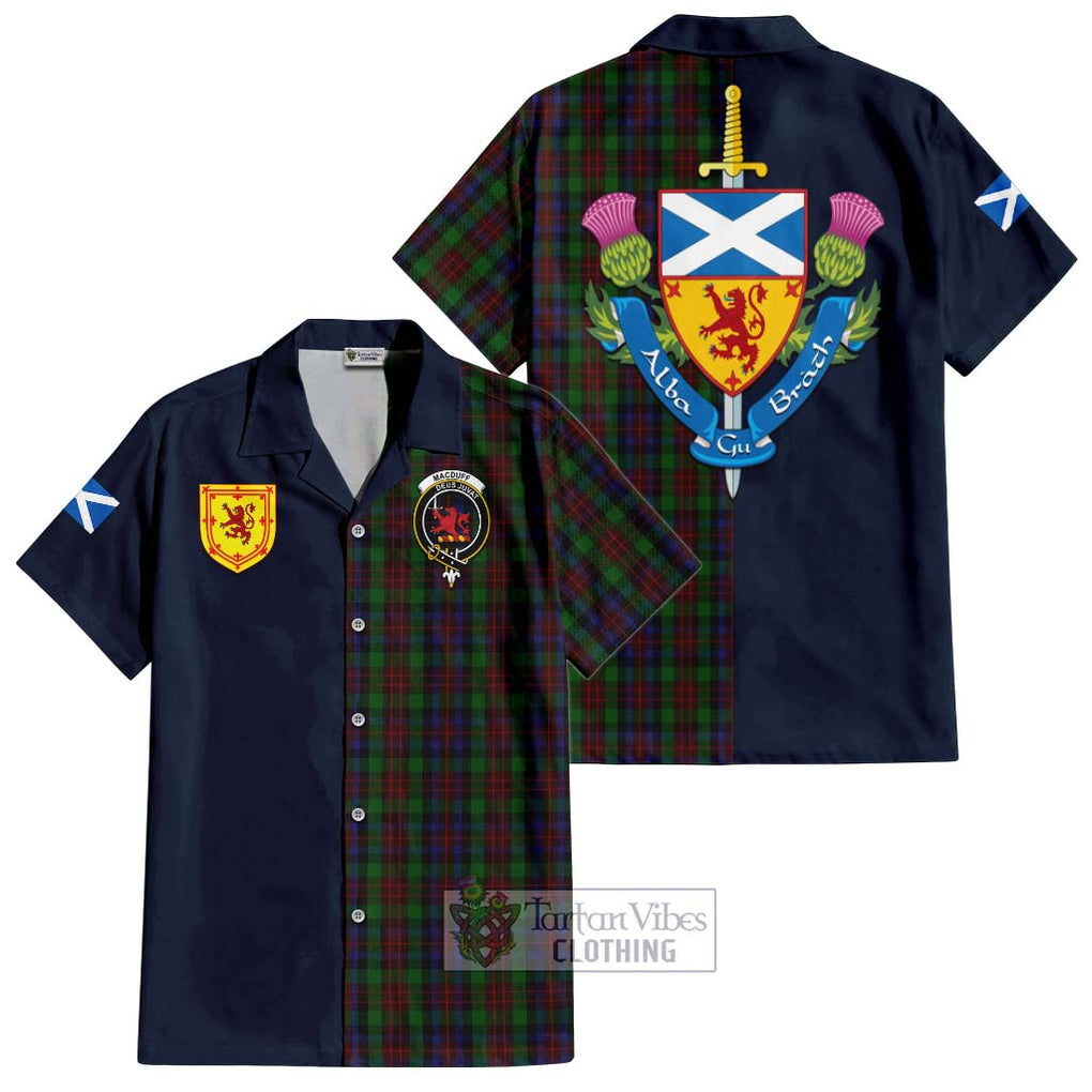 Tartan Vibes Clothing MacDuff Hunting Tartan Short Sleeve Button Shirt with Scottish Lion Royal Arm Half Style