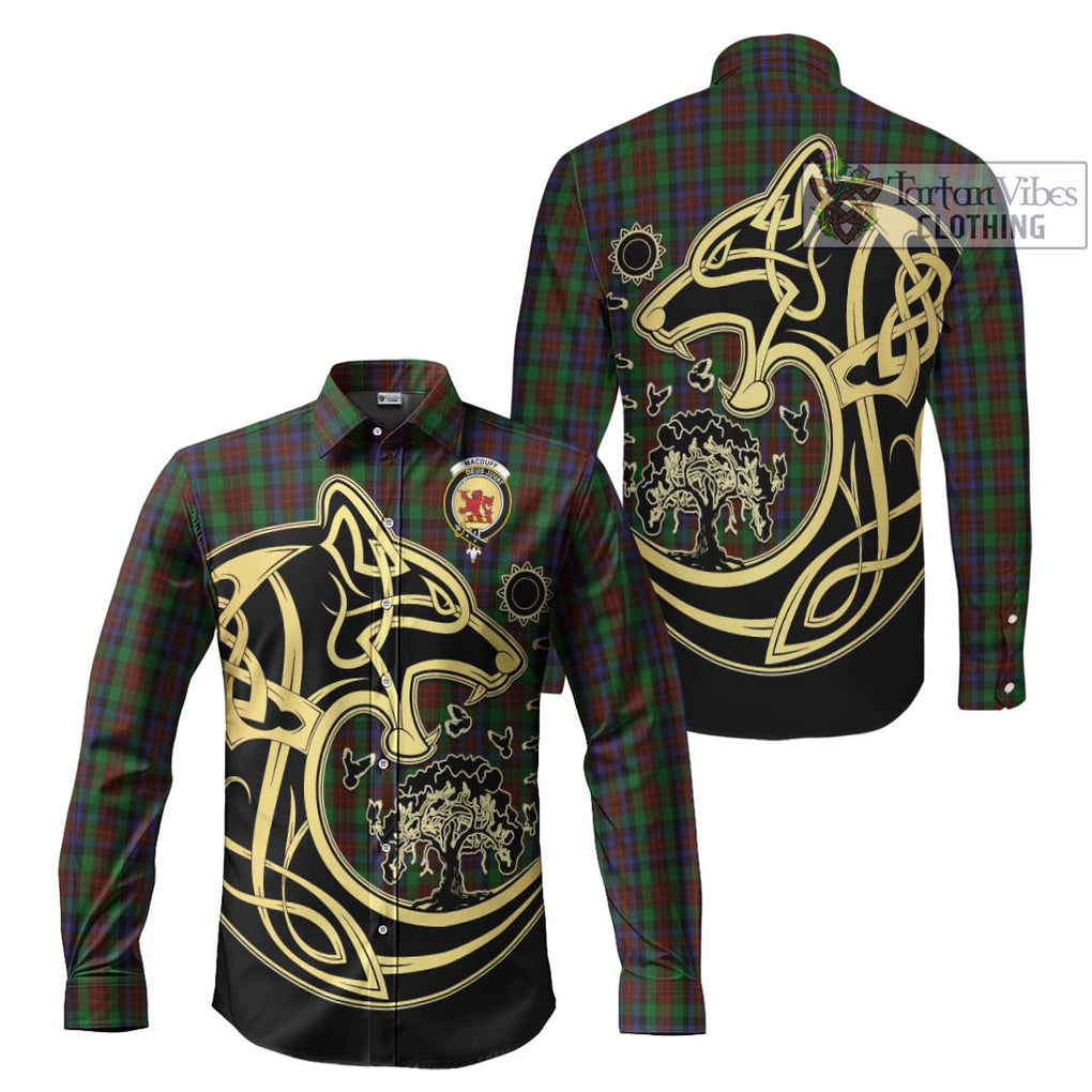 MacDuff Hunting Tartan Long Sleeve Button Shirt with Family Crest Celtic Wolf Style Men's Shirt S - Tartan Vibes Clothing