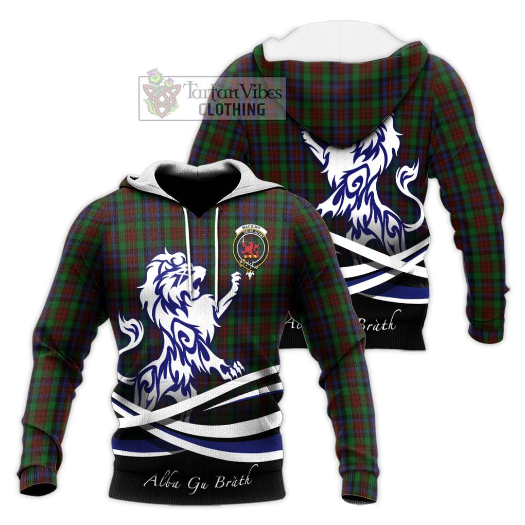 MacDuff Hunting Tartan Knitted Hoodie with Alba Gu Brath Regal Lion Emblem Unisex Knitted Pullover Hoodie - Tartanvibesclothing Shop