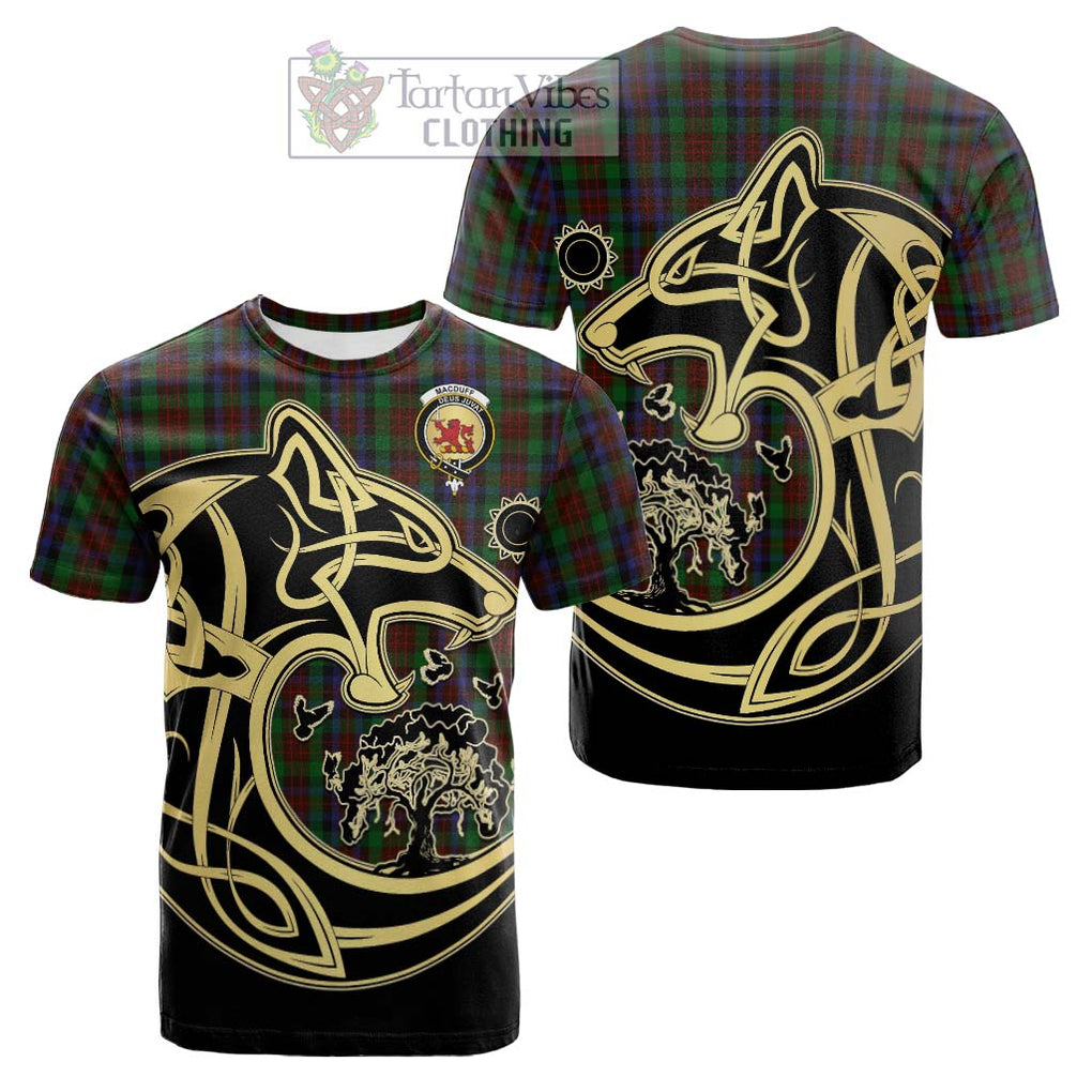 Tartan Vibes Clothing MacDuff Hunting Tartan Cotton T-shirt with Family Crest Celtic Wolf Style