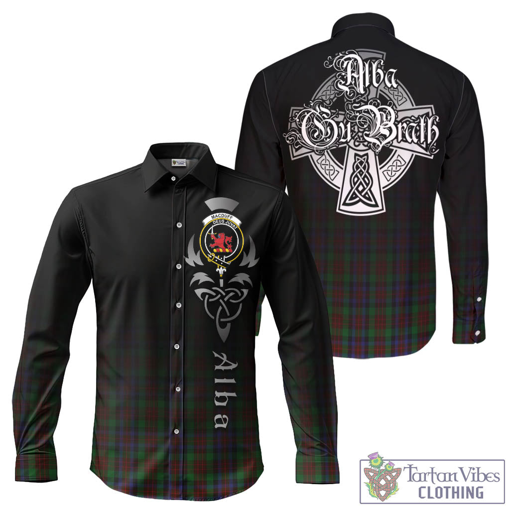 Tartan Vibes Clothing MacDuff Hunting Tartan Long Sleeve Button Up Featuring Alba Gu Brath Family Crest Celtic Inspired