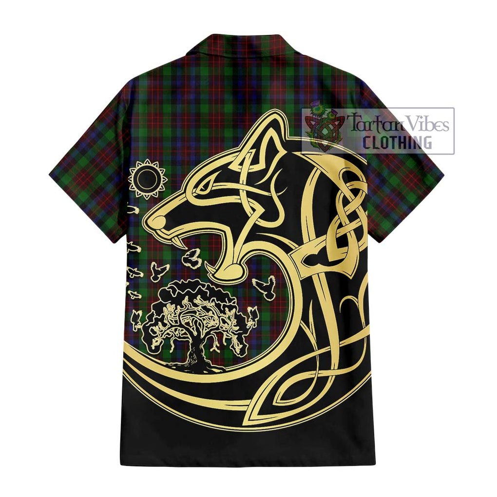 MacDuff Hunting Tartan Short Sleeve Button Shirt with Family Crest Celtic Wolf Style - Tartan Vibes Clothing