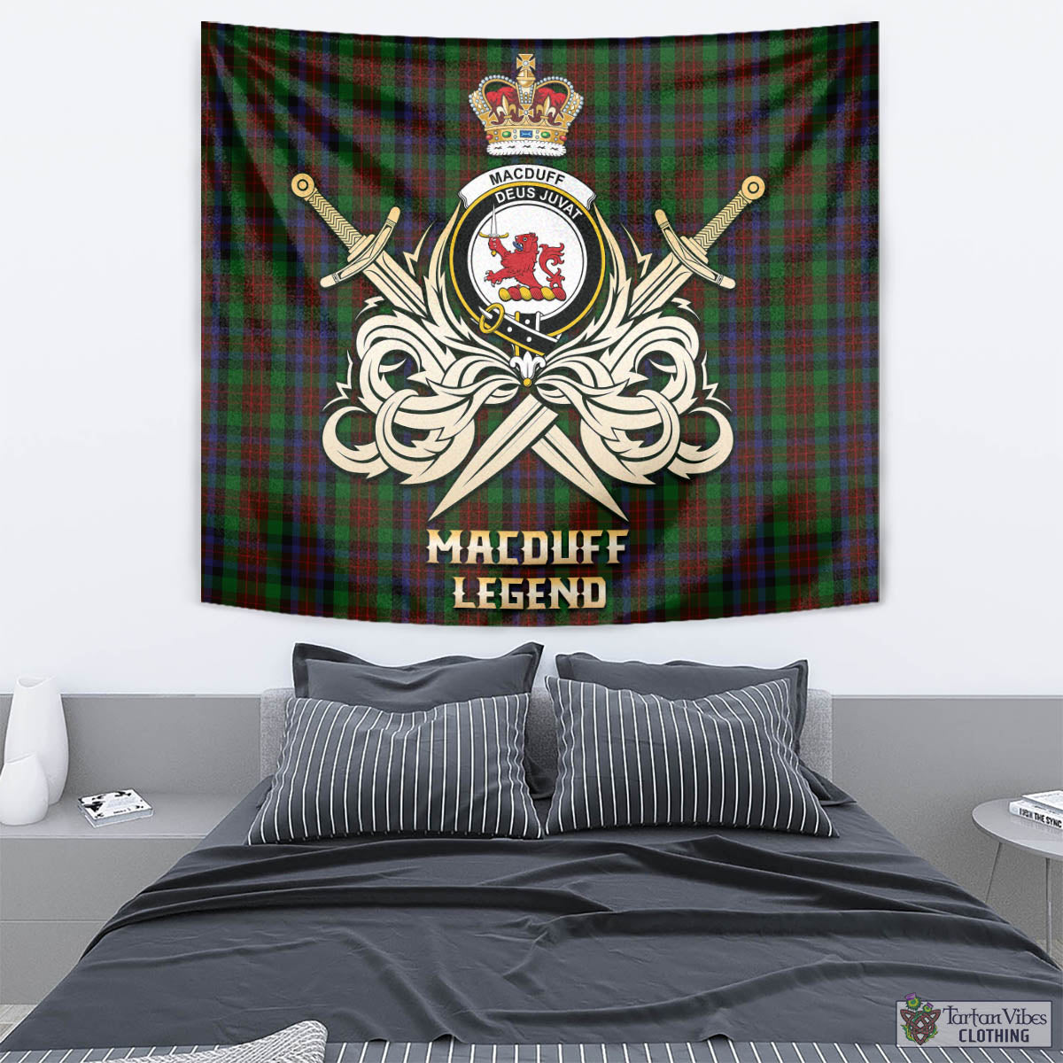 Tartan Vibes Clothing MacDuff Hunting Tartan Tapestry with Clan Crest and the Golden Sword of Courageous Legacy