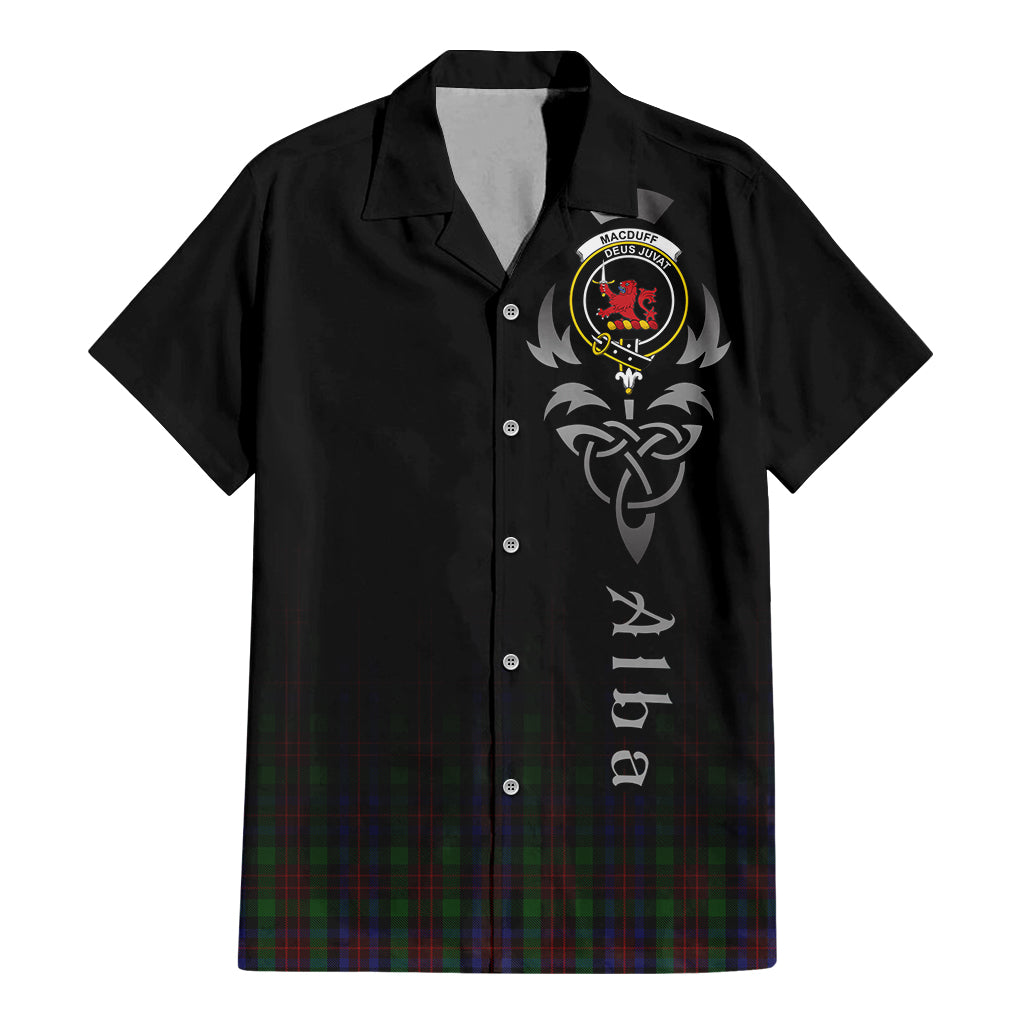 Tartan Vibes Clothing MacDuff Hunting Tartan Short Sleeve Button Up Featuring Alba Gu Brath Family Crest Celtic Inspired