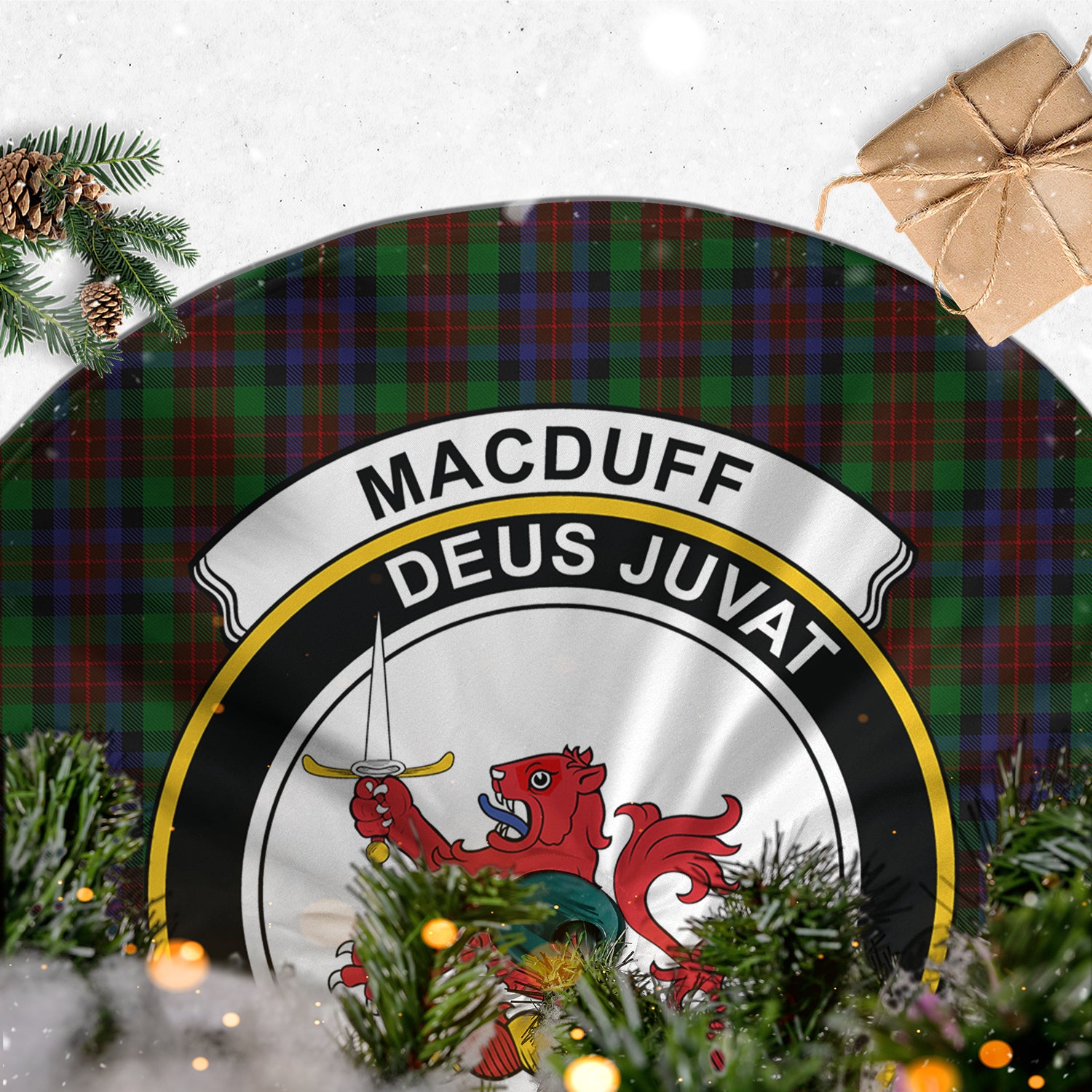 MacDuff Hunting Tartan Christmas Tree Skirt with Family Crest - Tartanvibesclothing