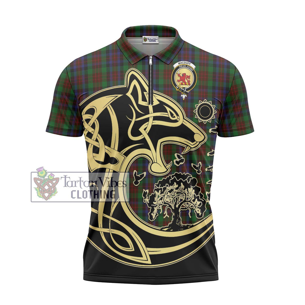 MacDuff Hunting Tartan Zipper Polo Shirt with Family Crest Celtic Wolf Style - Tartanvibesclothing Shop