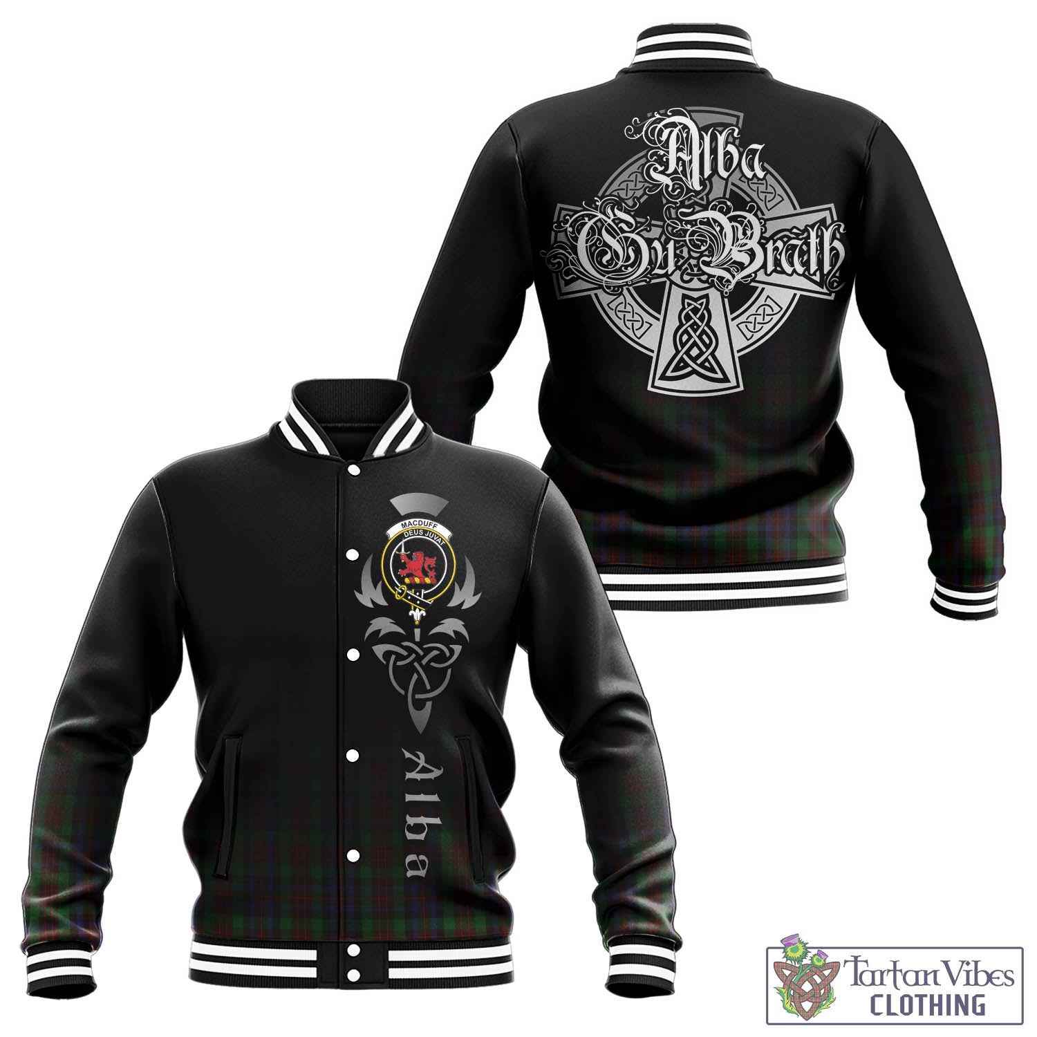 Tartan Vibes Clothing MacDuff Hunting Tartan Baseball Jacket Featuring Alba Gu Brath Family Crest Celtic Inspired