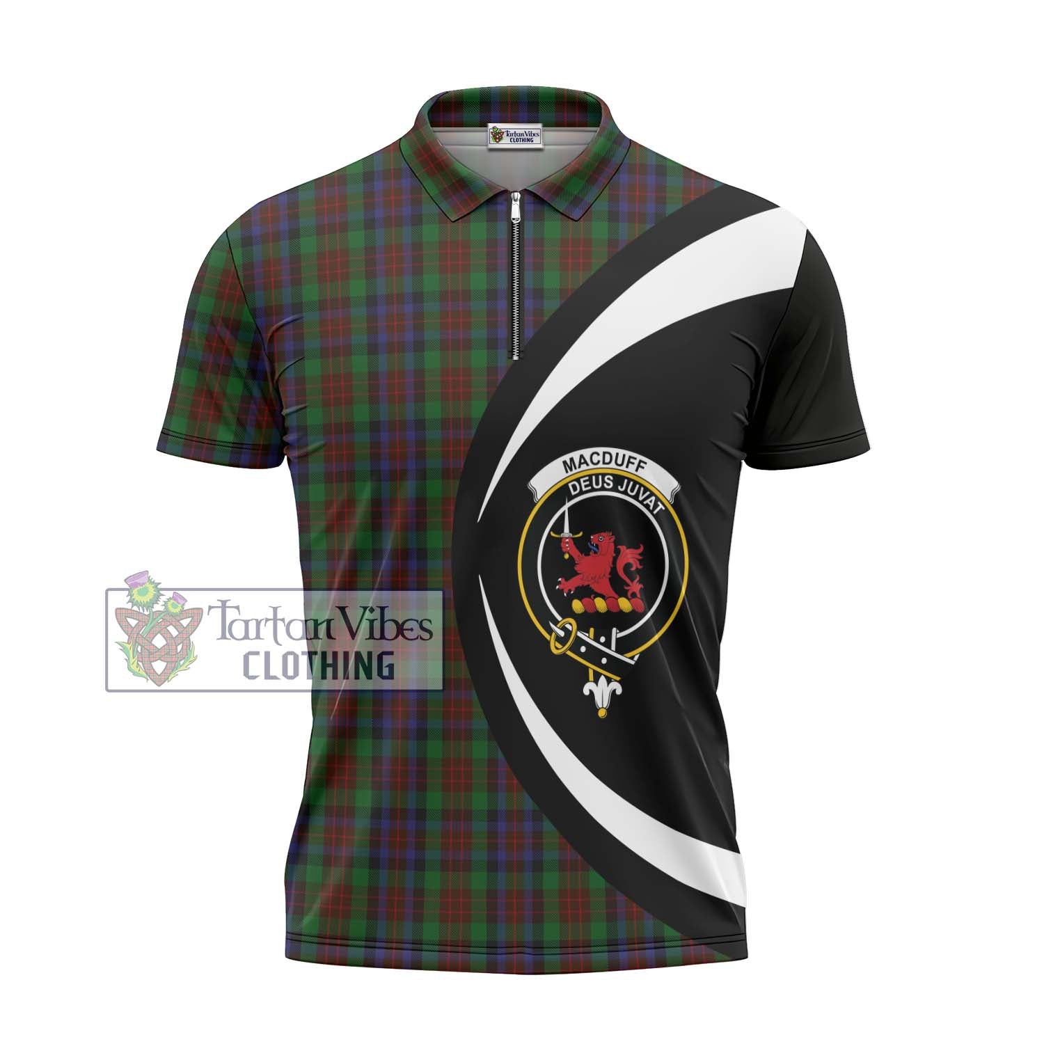 Tartan Vibes Clothing MacDuff Hunting Tartan Zipper Polo Shirt with Family Crest Circle Style