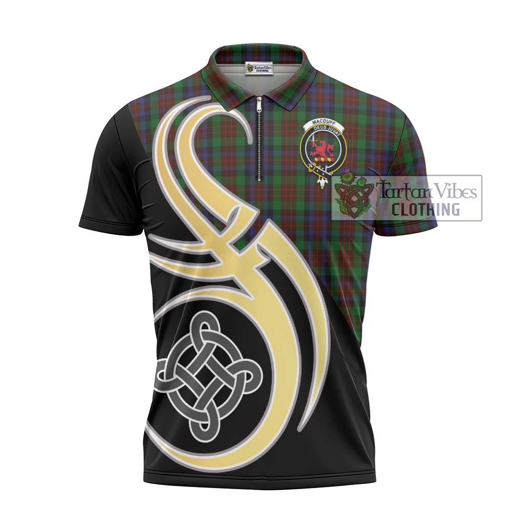 Tartan Vibes Clothing MacDuff Hunting Tartan Zipper Polo Shirt with Family Crest and Celtic Symbol Style