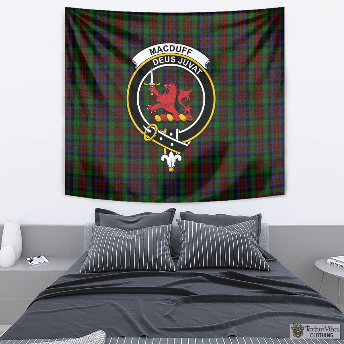 Tartan Vibes Clothing MacDuff Hunting Tartan Tapestry Wall Hanging and Home Decor for Room with Family Crest