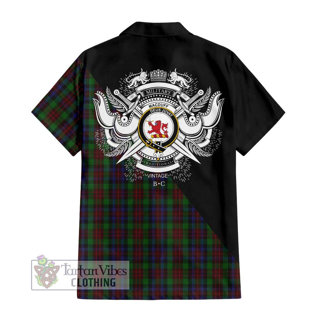 MacDuff Hunting Tartan Short Sleeve Button Shirt with Family Crest and Military Logo Style - Tartanvibesclothing Shop