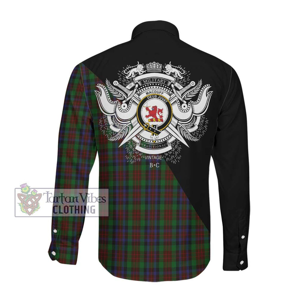 MacDuff Hunting Tartan Long Sleeve Button Shirt with Family Crest and Military Logo Style Men's Shirt - Tartanvibesclothing Shop