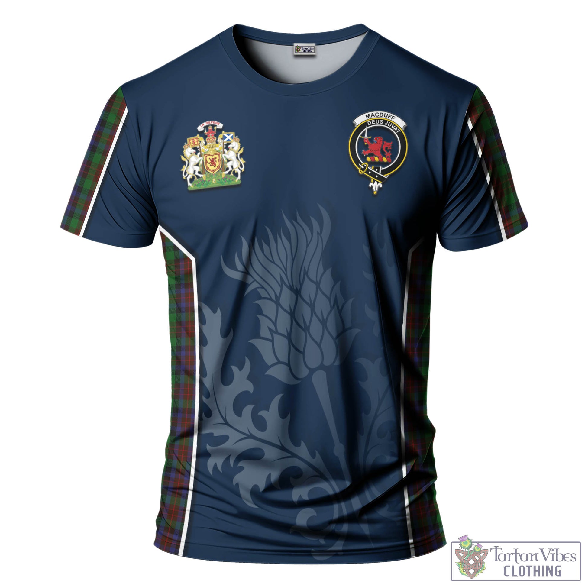 Tartan Vibes Clothing MacDuff Hunting Tartan T-Shirt with Family Crest and Scottish Thistle Vibes Sport Style