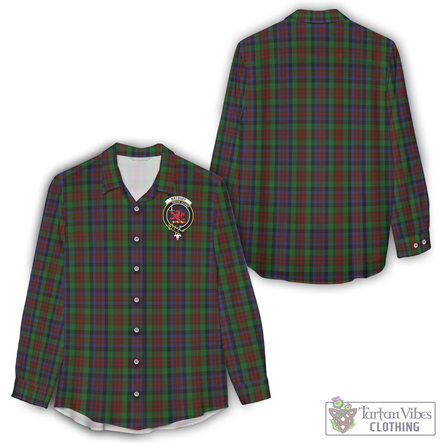 Tartan Vibes Clothing MacDuff Hunting Tartan Womens Casual Shirt with Family Crest