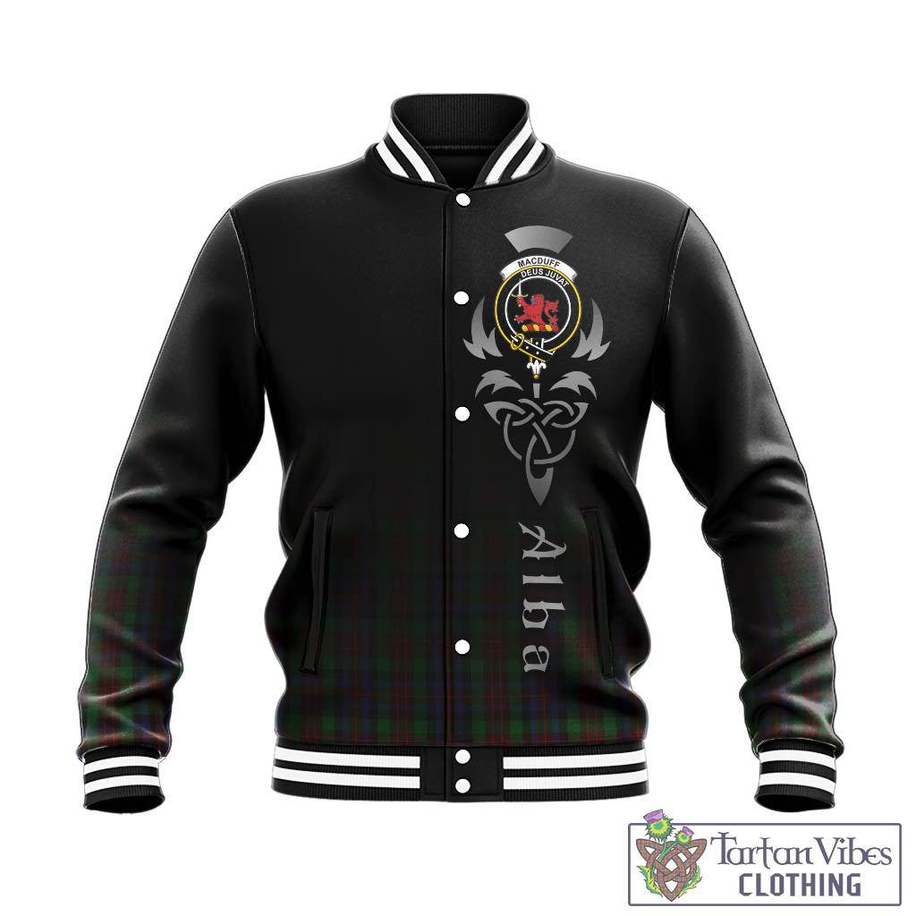 Tartan Vibes Clothing MacDuff Hunting Tartan Baseball Jacket Featuring Alba Gu Brath Family Crest Celtic Inspired