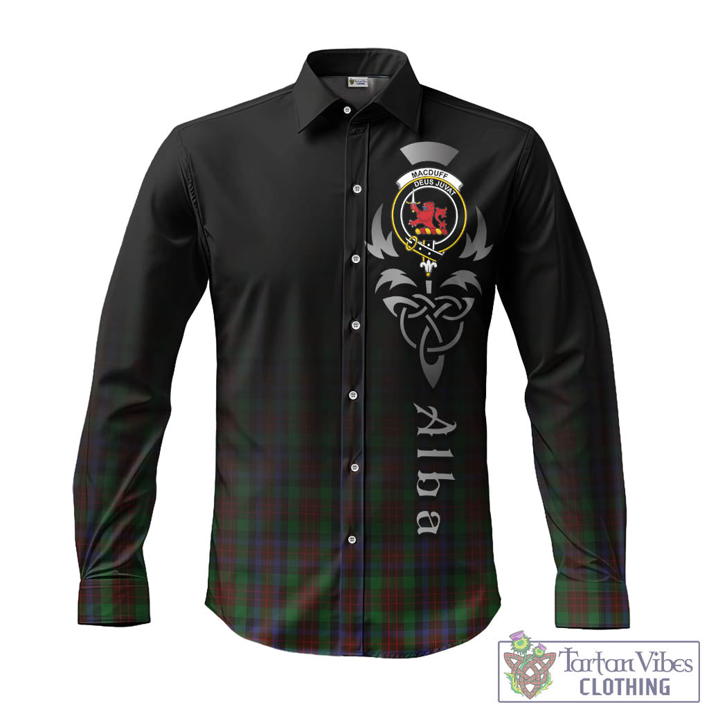 Tartan Vibes Clothing MacDuff Hunting Tartan Long Sleeve Button Up Featuring Alba Gu Brath Family Crest Celtic Inspired