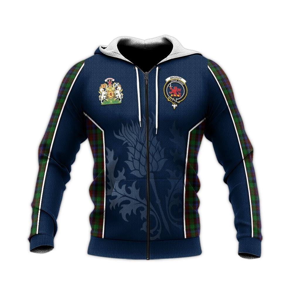 Tartan Vibes Clothing MacDuff Hunting Tartan Knitted Hoodie with Family Crest and Scottish Thistle Vibes Sport Style