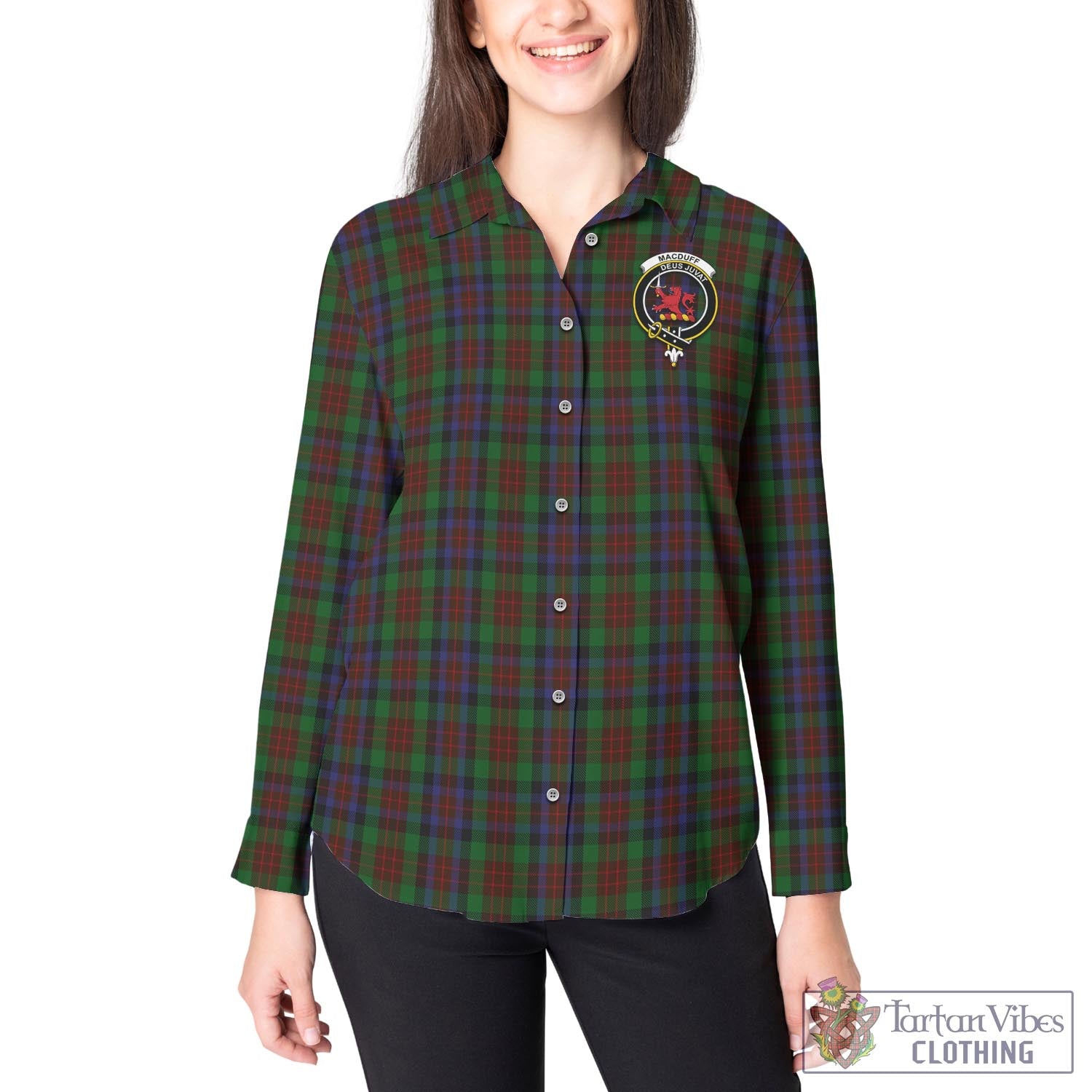 Tartan Vibes Clothing MacDuff Hunting Tartan Womens Casual Shirt with Family Crest