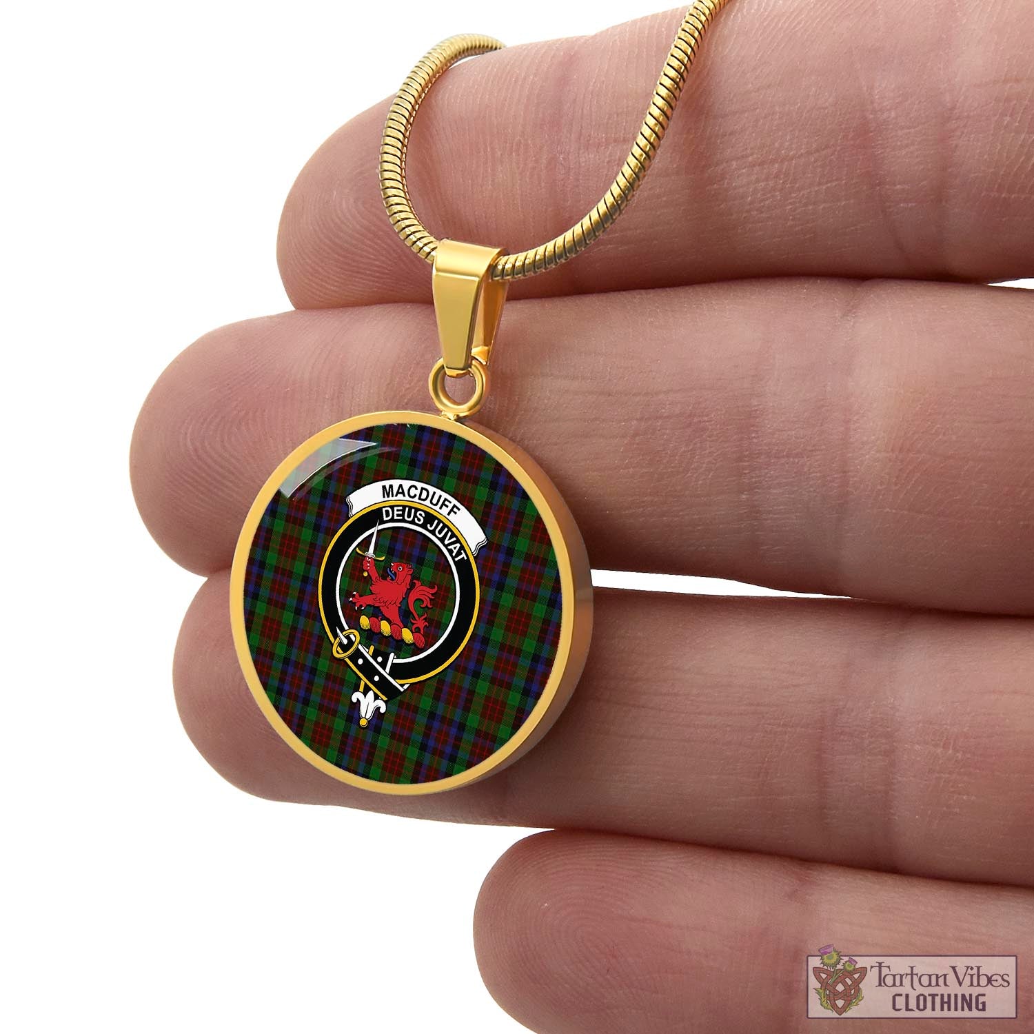 Tartan Vibes Clothing MacDuff Hunting Tartan Circle Necklace with Family Crest