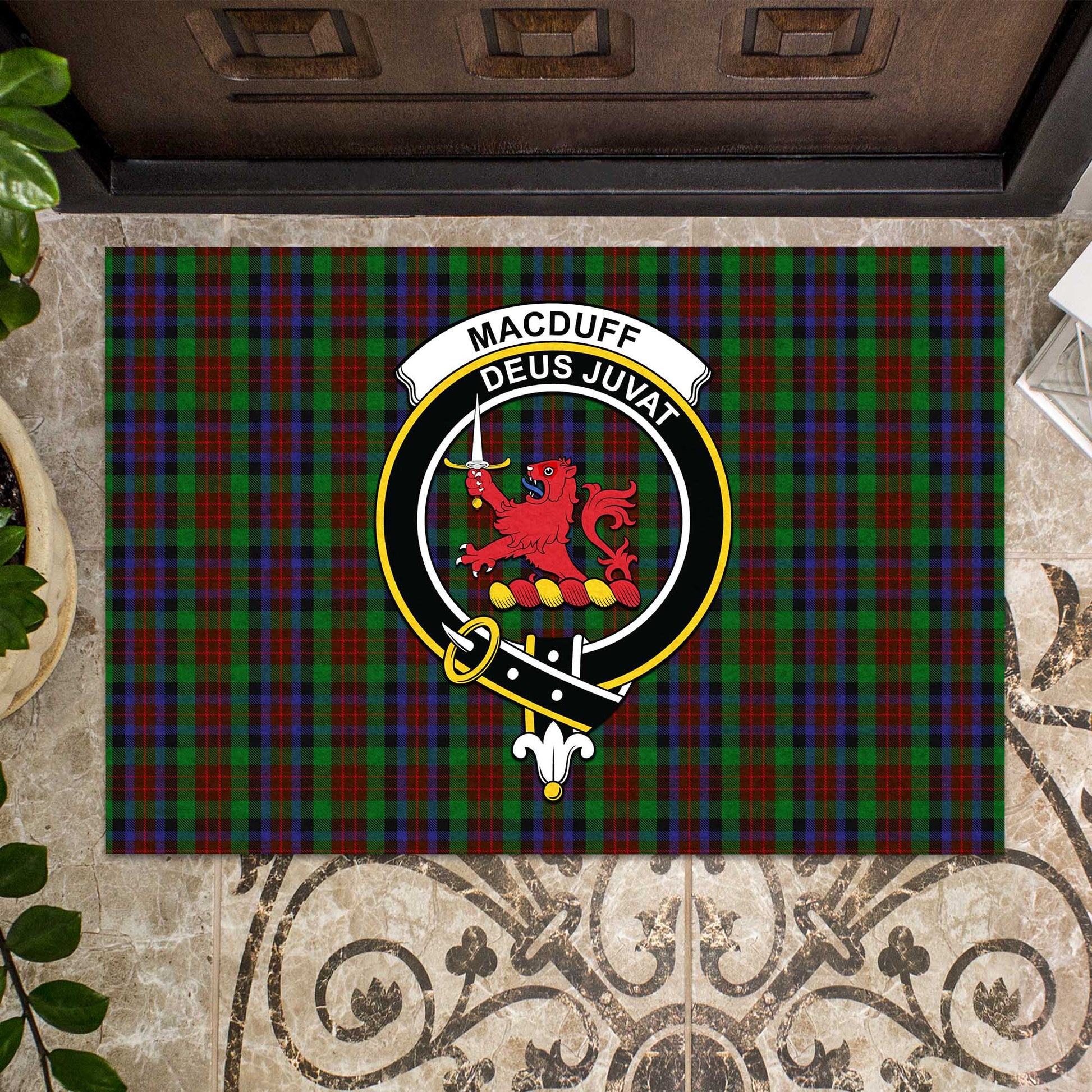 MacDuff Hunting Tartan Door Mat with Family Crest - Tartanvibesclothing