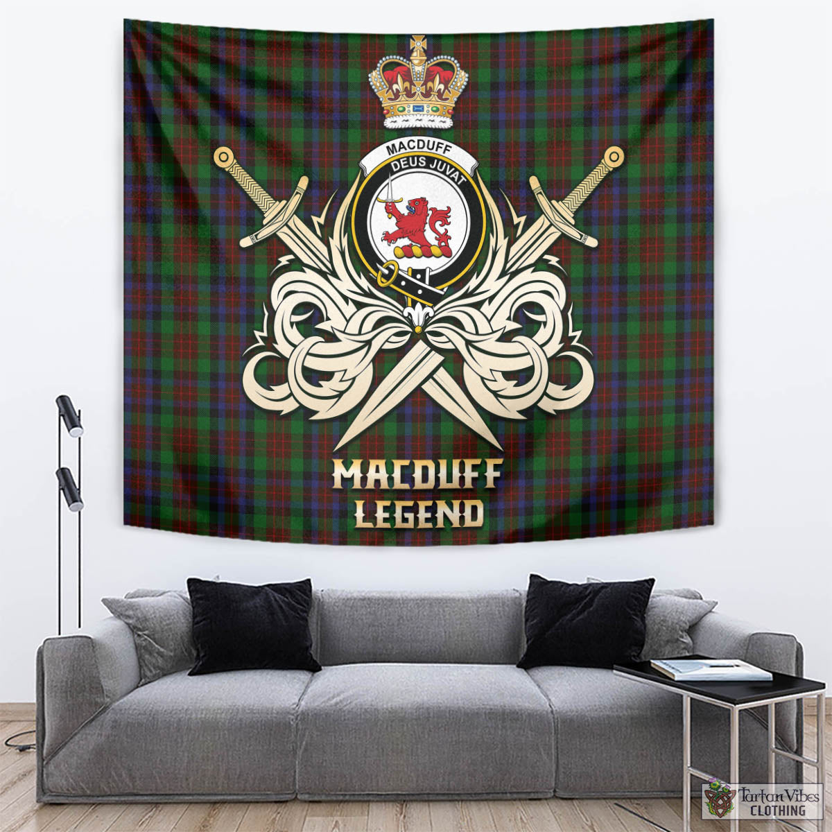 Tartan Vibes Clothing MacDuff Hunting Tartan Tapestry with Clan Crest and the Golden Sword of Courageous Legacy